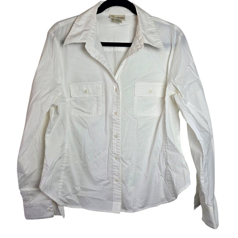 TravelSmith White Fitted Button Up Shirt Career Travel Work Top L